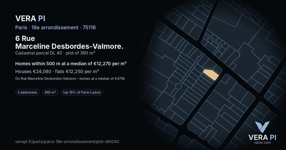 6 Rue Marceline Desbordes-Valmore, 16e arrondissement at night – the plot lit, the parcels around coloured by the prices near them