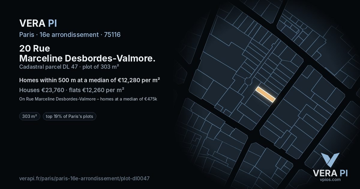 20 Rue Marceline Desbordes-Valmore, 16e arrondissement at night – the plot lit, the parcels around coloured by the prices near them
