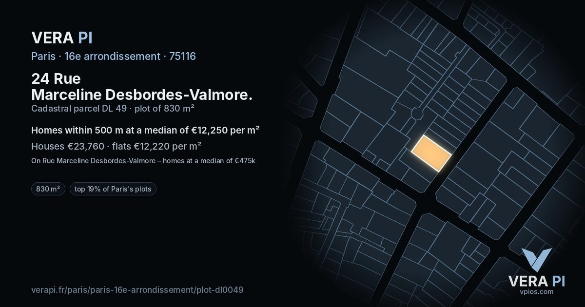 24 Rue Marceline Desbordes-Valmore, 16e arrondissement at night – the plot lit, the parcels around coloured by the prices near them