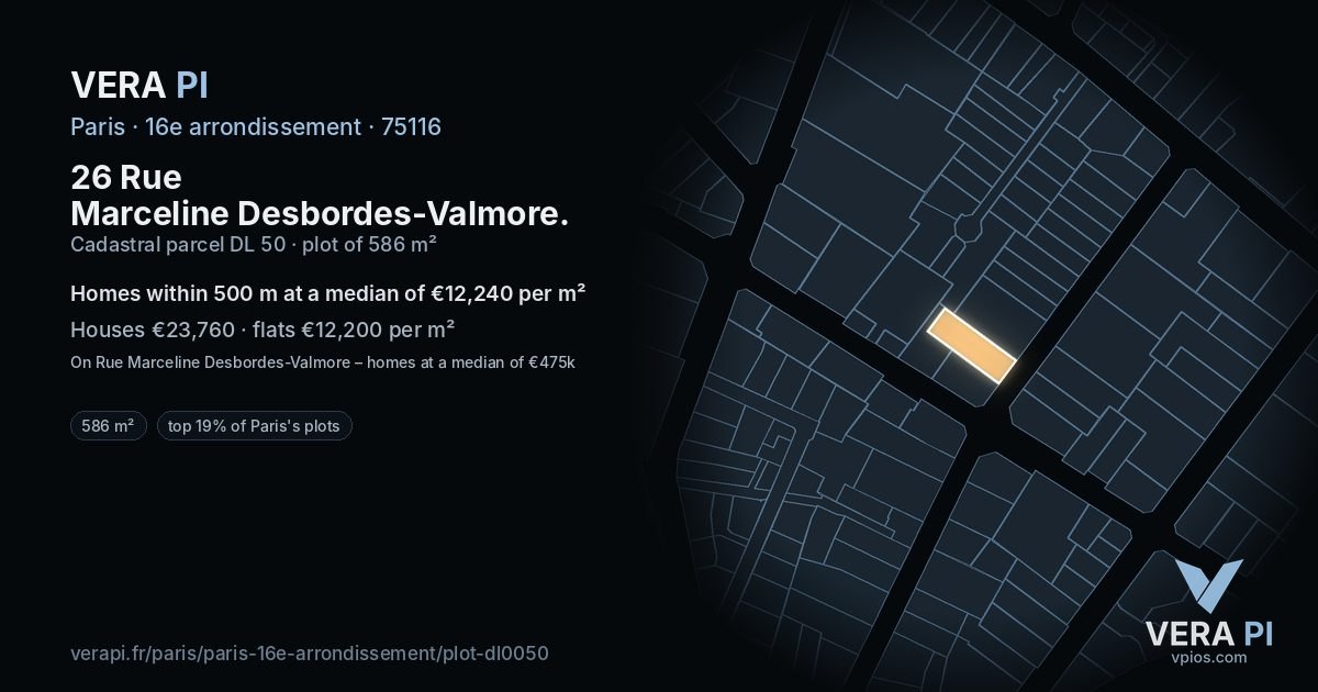 26 Rue Marceline Desbordes-Valmore, 16e arrondissement at night – the plot lit, the parcels around coloured by the prices near them