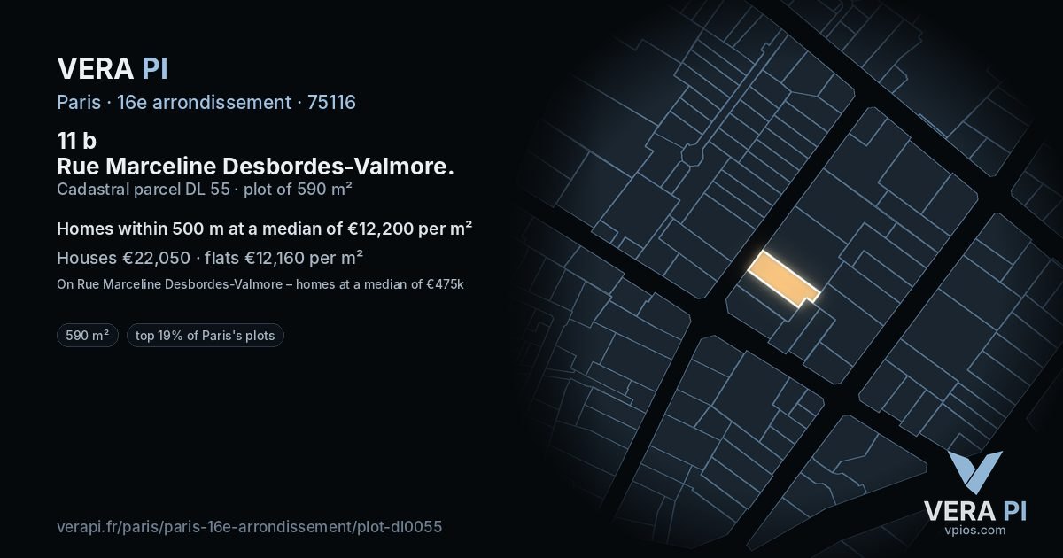11 b Rue Marceline Desbordes-Valmore, 16e arrondissement at night – the plot lit, the parcels around coloured by the prices near them