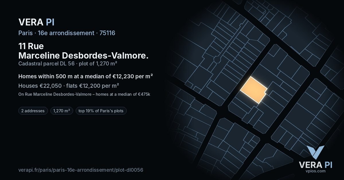 11 Rue Marceline Desbordes-Valmore, 16e arrondissement at night – the plot lit, the parcels around coloured by the prices near them