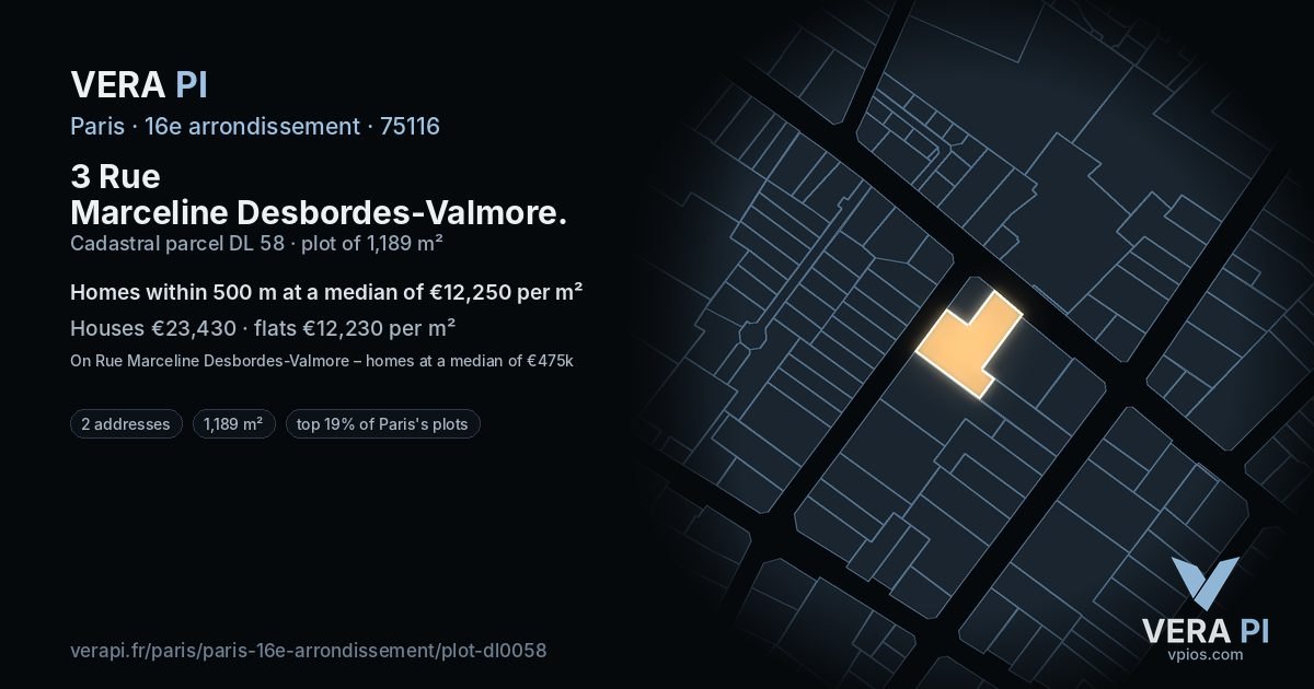 3 Rue Marceline Desbordes-Valmore, 16e arrondissement at night – the plot lit, the parcels around coloured by the prices near them