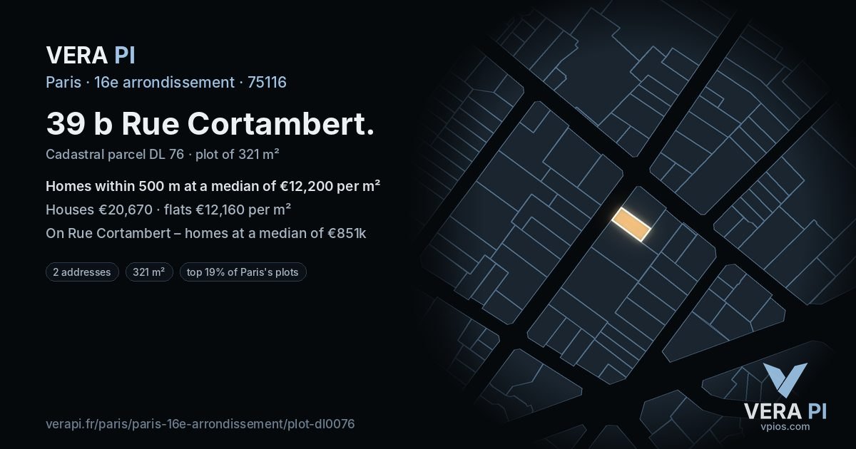 39 b Rue Cortambert, 16e arrondissement at night – the plot lit, the parcels around coloured by the prices near them