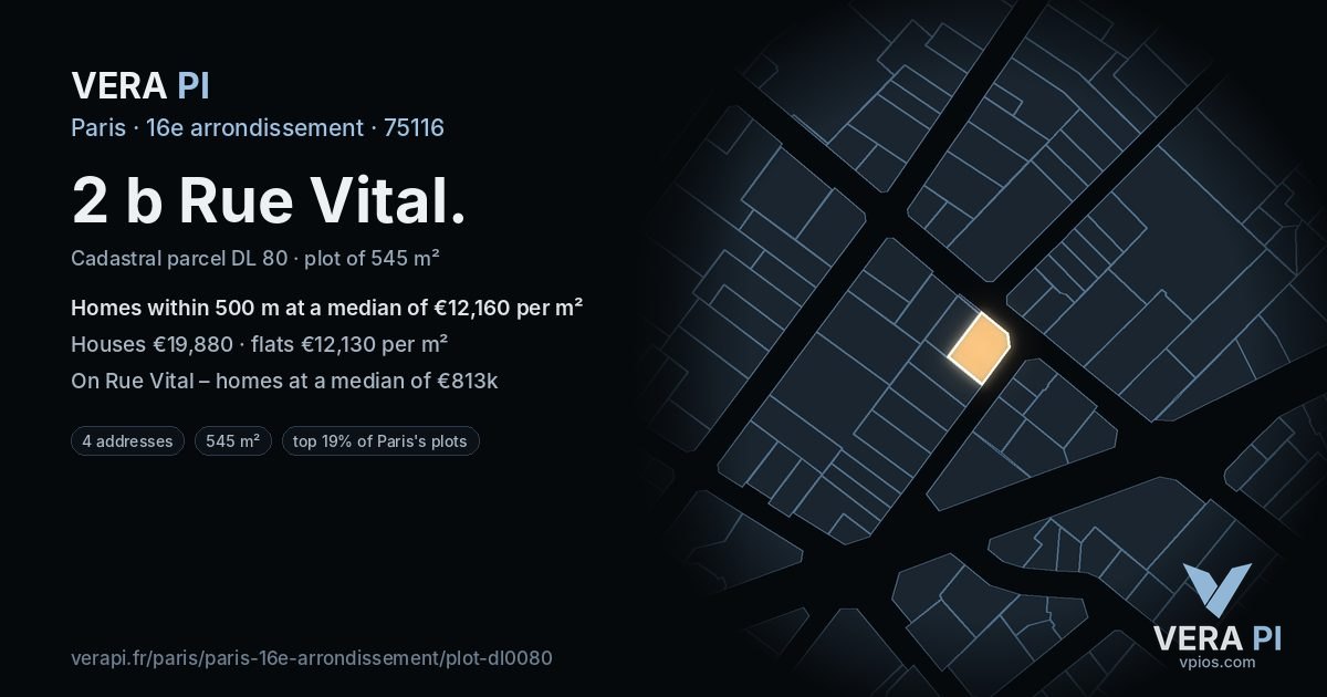 2 b Rue Vital, 16e arrondissement at night – the plot lit, the parcels around coloured by the prices near them