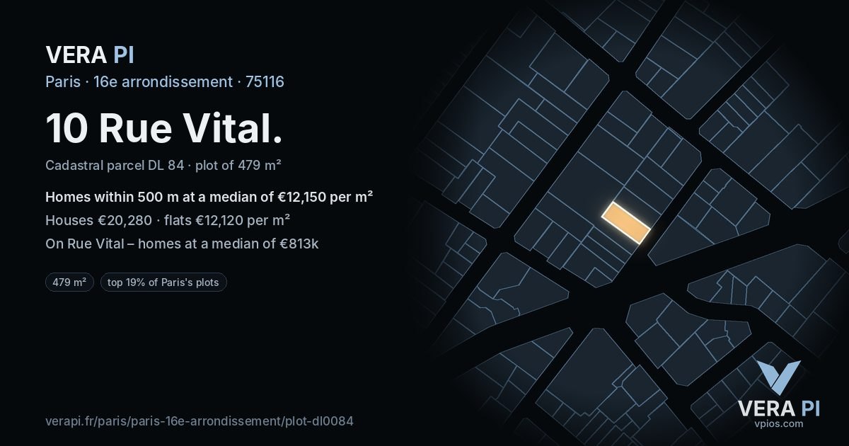 10 Rue Vital, 16e arrondissement at night – the plot lit, the parcels around coloured by the prices near them