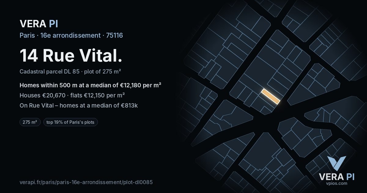 14 Rue Vital, 16e arrondissement at night – the plot lit, the parcels around coloured by the prices near them