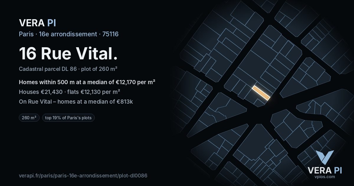 16 Rue Vital, 16e arrondissement at night – the plot lit, the parcels around coloured by the prices near them