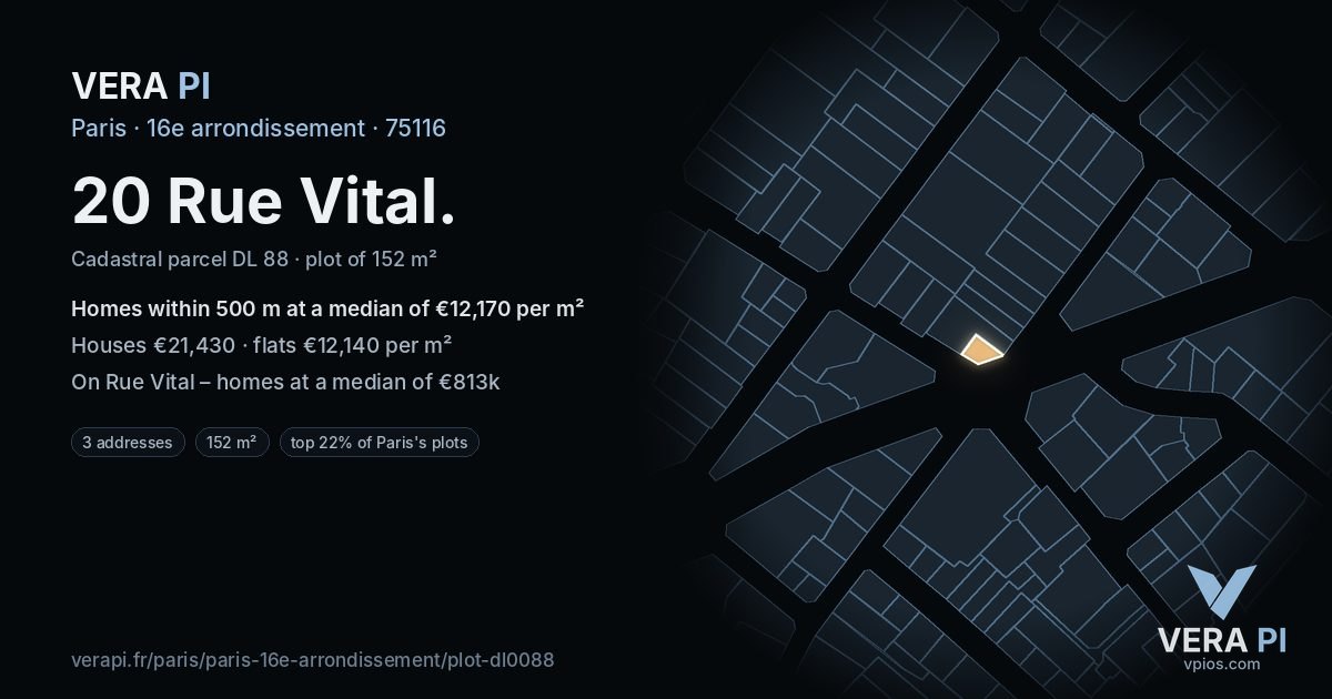 20 Rue Vital, 16e arrondissement at night – the plot lit, the parcels around coloured by the prices near them