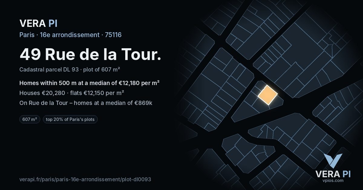 49 Rue de la Tour, 16e arrondissement at night – the plot lit, the parcels around coloured by the prices near them