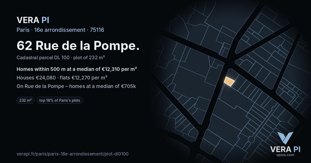 62 Rue de la Pompe, 16e arrondissement at night – the plot lit, the parcels around coloured by the prices near them