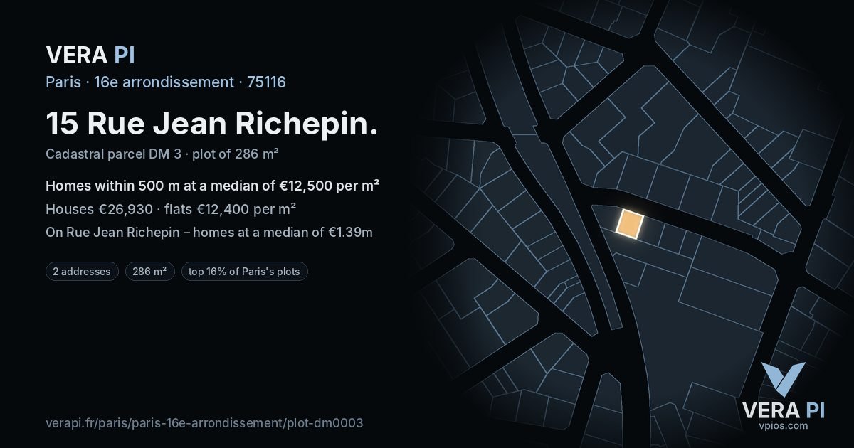 15 Rue Jean Richepin, 16e arrondissement at night – the plot lit, the parcels around coloured by the prices near them