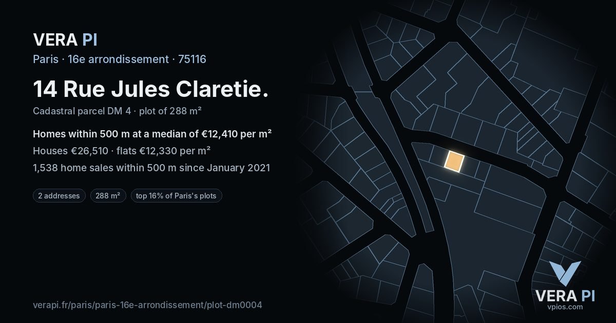 14 Rue Jules Claretie, 16e arrondissement at night – the plot lit, the parcels around coloured by the prices near them