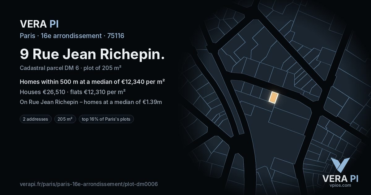 9 Rue Jean Richepin, 16e arrondissement at night – the plot lit, the parcels around coloured by the prices near them