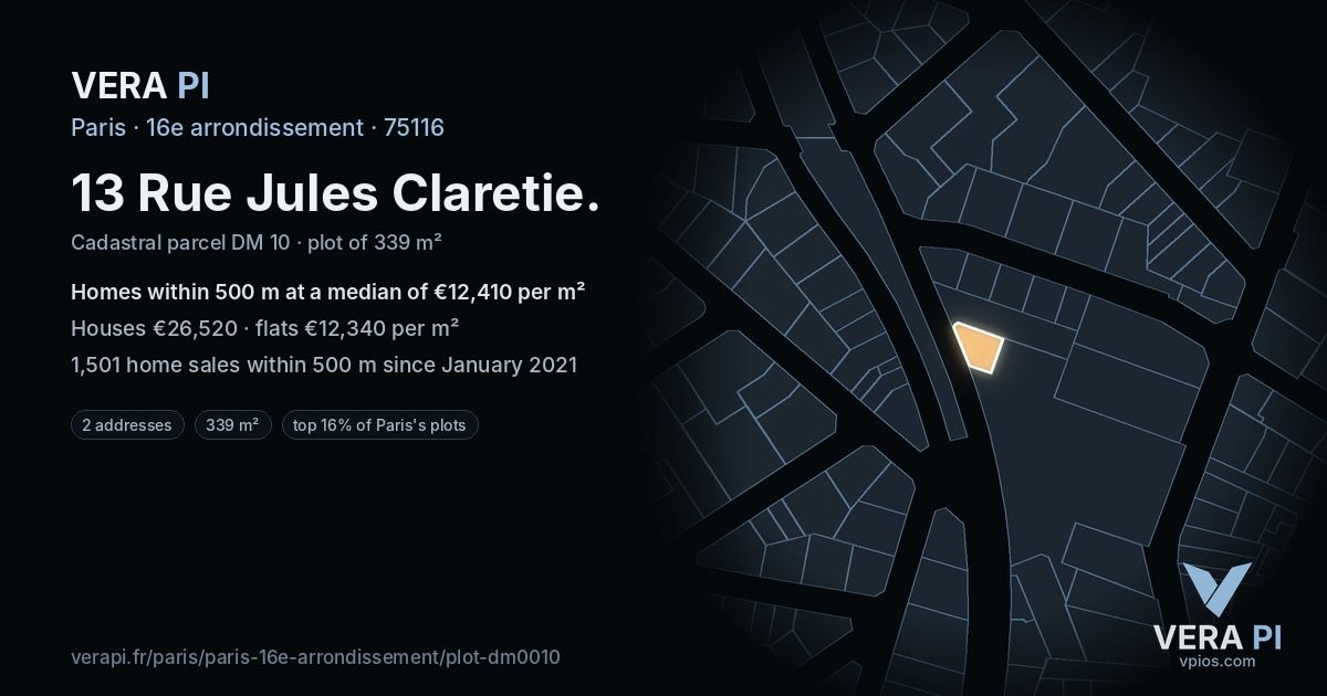 13 Rue Jules Claretie, 16e arrondissement at night – the plot lit, the parcels around coloured by the prices near them