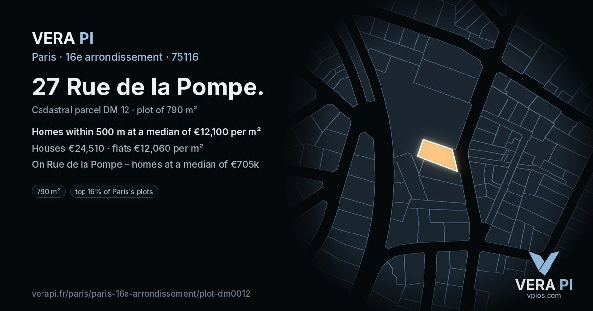 27 Rue de la Pompe, 16e arrondissement at night – the plot lit, the parcels around coloured by the prices near them