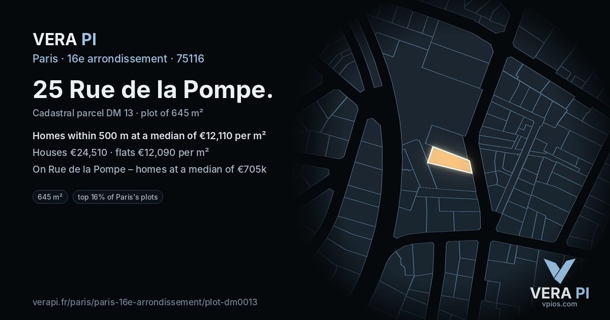 25 Rue de la Pompe, 16e arrondissement at night – the plot lit, the parcels around coloured by the prices near them
