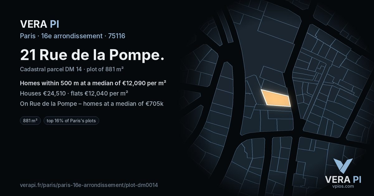 21 Rue de la Pompe, 16e arrondissement at night – the plot lit, the parcels around coloured by the prices near them