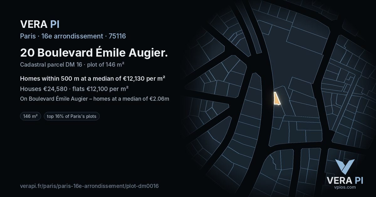 20 Boulevard Émile Augier, 16e arrondissement at night – the plot lit, the parcels around coloured by the prices near them
