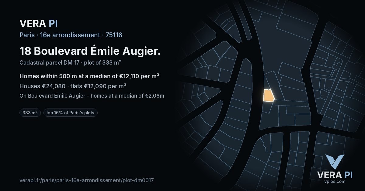 18 Boulevard Émile Augier, 16e arrondissement at night – the plot lit, the parcels around coloured by the prices near them