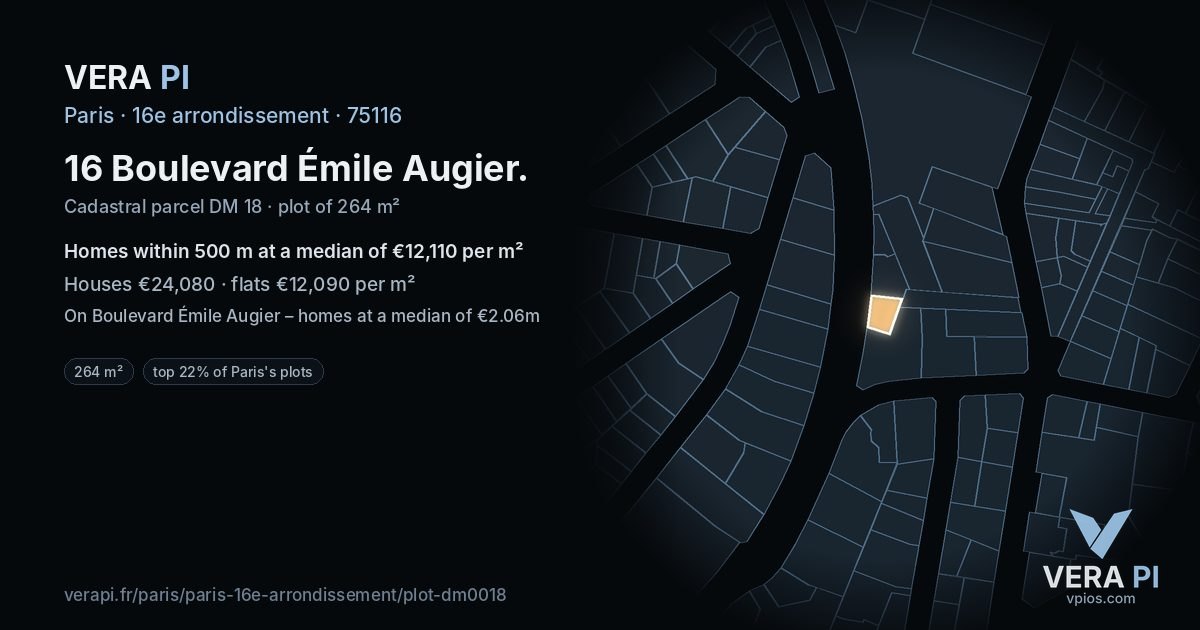 16 Boulevard Émile Augier, 16e arrondissement at night – the plot lit, the parcels around coloured by the prices near them