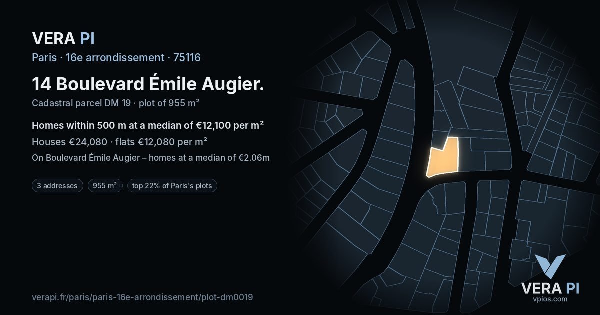 14 Boulevard Émile Augier, 16e arrondissement at night – the plot lit, the parcels around coloured by the prices near them