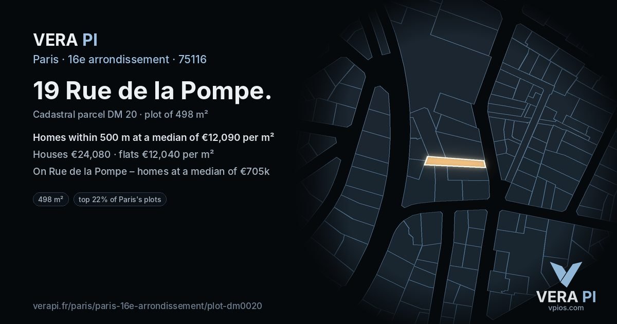 19 Rue de la Pompe, 16e arrondissement at night – the plot lit, the parcels around coloured by the prices near them