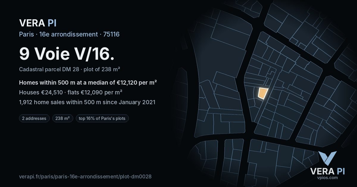 9 Voie V/16, 16e arrondissement at night – the plot lit, the parcels around coloured by the prices near them