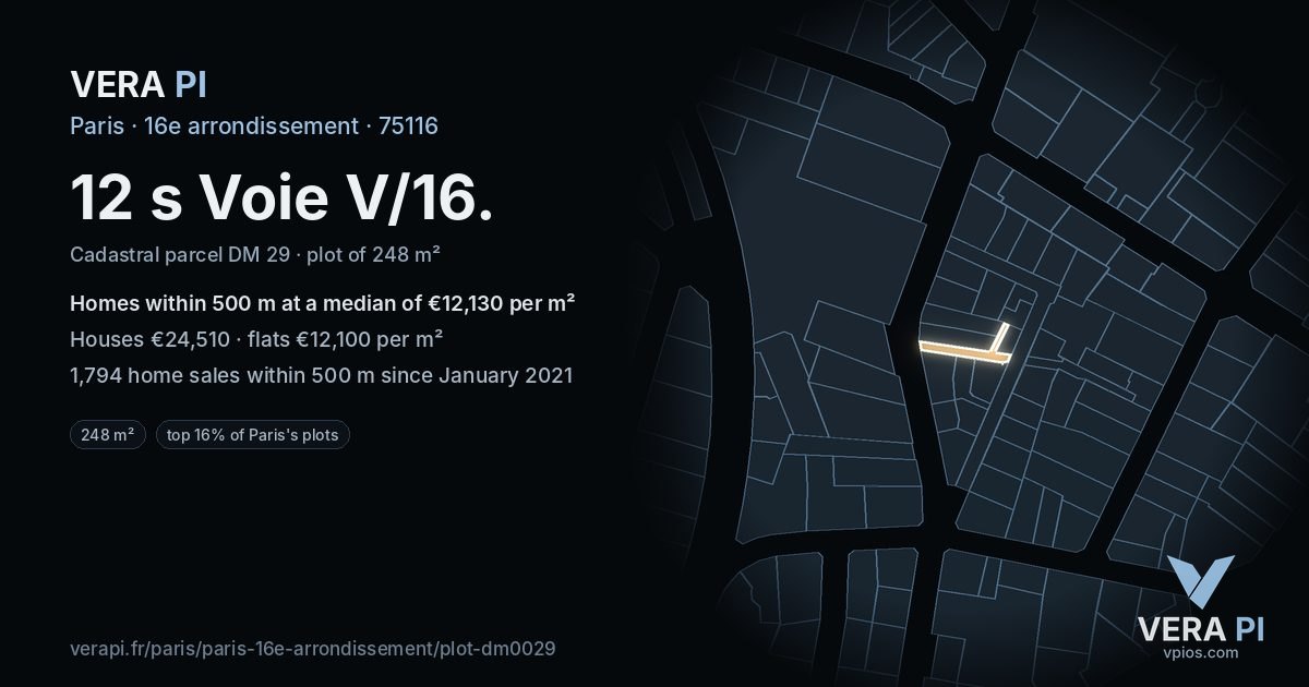 12 s Voie V/16, 16e arrondissement at night – the plot lit, the parcels around coloured by the prices near them
