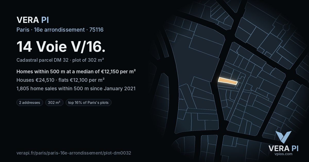 14 Voie V/16, 16e arrondissement at night – the plot lit, the parcels around coloured by the prices near them