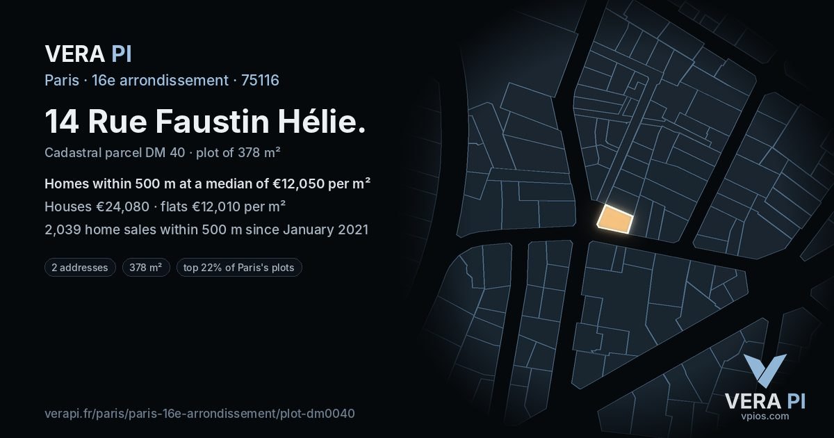 14 Rue Faustin Hélie, 16e arrondissement at night – the plot lit, the parcels around coloured by the prices near them