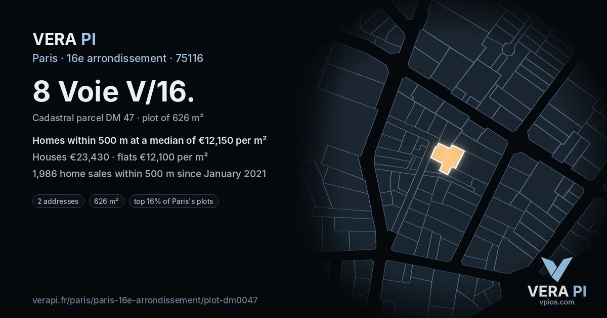 8 Voie V/16, 16e arrondissement at night – the plot lit, the parcels around coloured by the prices near them