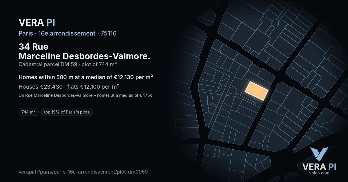 34 Rue Marceline Desbordes-Valmore, 16e arrondissement at night – the plot lit, the parcels around coloured by the prices near them