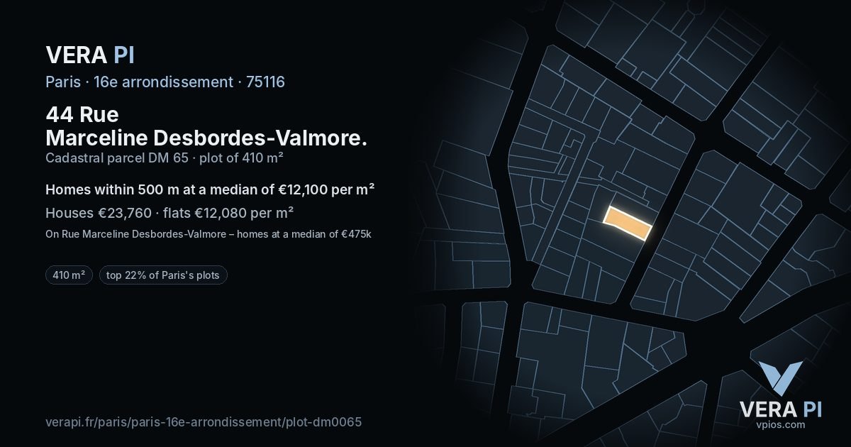 44 Rue Marceline Desbordes-Valmore, 16e arrondissement at night – the plot lit, the parcels around coloured by the prices near them