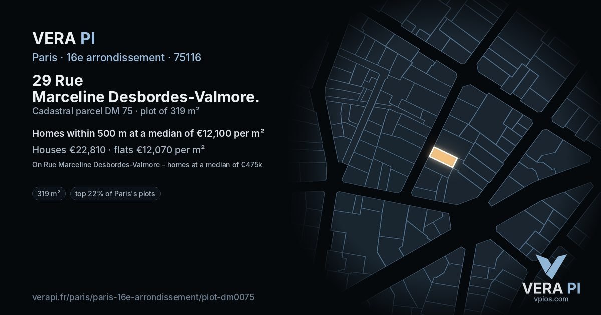 29 Rue Marceline Desbordes-Valmore, 16e arrondissement at night – the plot lit, the parcels around coloured by the prices near them
