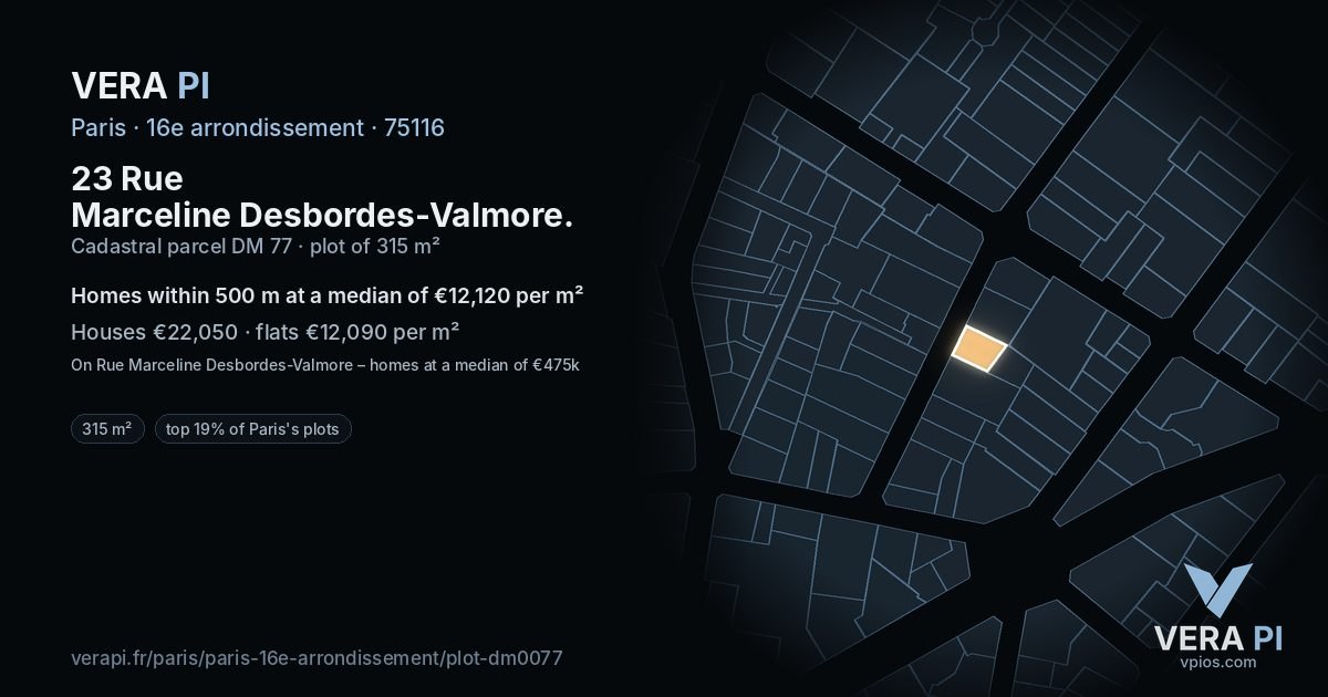 23 Rue Marceline Desbordes-Valmore, 16e arrondissement at night – the plot lit, the parcels around coloured by the prices near them