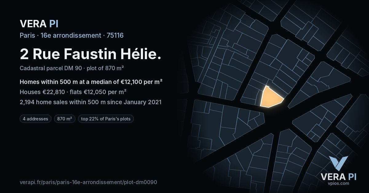 2 Rue Faustin Hélie, 16e arrondissement at night – the plot lit, the parcels around coloured by the prices near them