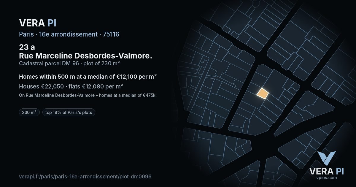 23 a Rue Marceline Desbordes-Valmore, 16e arrondissement at night – the plot lit, the parcels around coloured by the prices near them