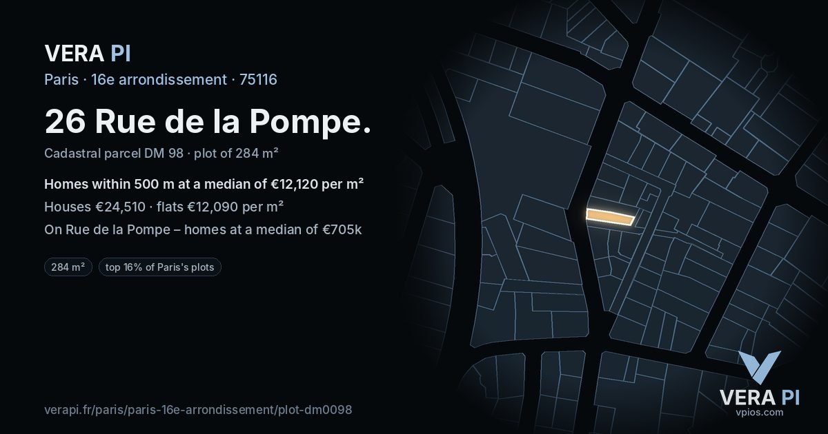 26 Rue de la Pompe, 16e arrondissement at night – the plot lit, the parcels around coloured by the prices near them