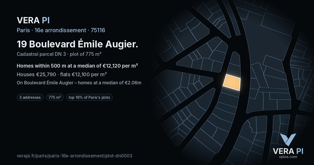 19 Boulevard Émile Augier, 16e arrondissement at night – the plot lit, the parcels around coloured by the prices near them