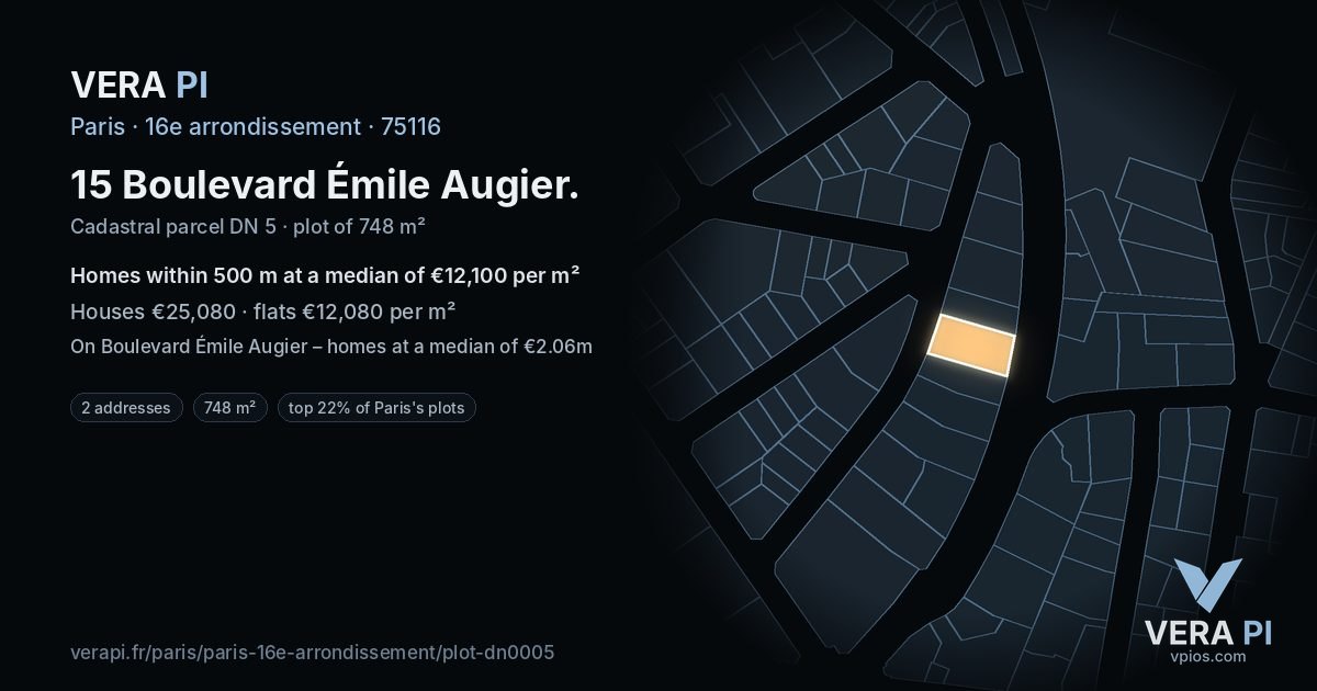 15 Boulevard Émile Augier, 16e arrondissement at night – the plot lit, the parcels around coloured by the prices near them