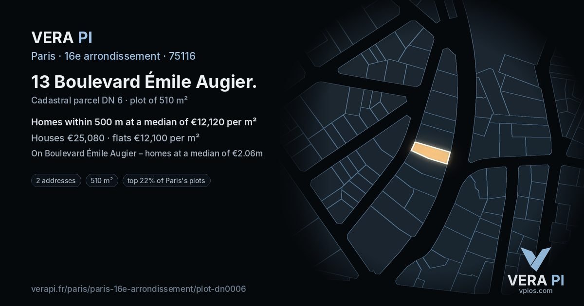 13 Boulevard Émile Augier, 16e arrondissement at night – the plot lit, the parcels around coloured by the prices near them