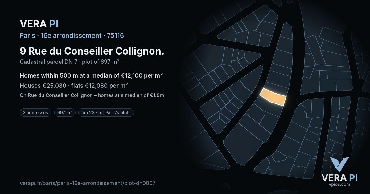 9 Rue du Conseiller Collignon, 16e arrondissement at night – the plot lit, the parcels around coloured by the prices near them