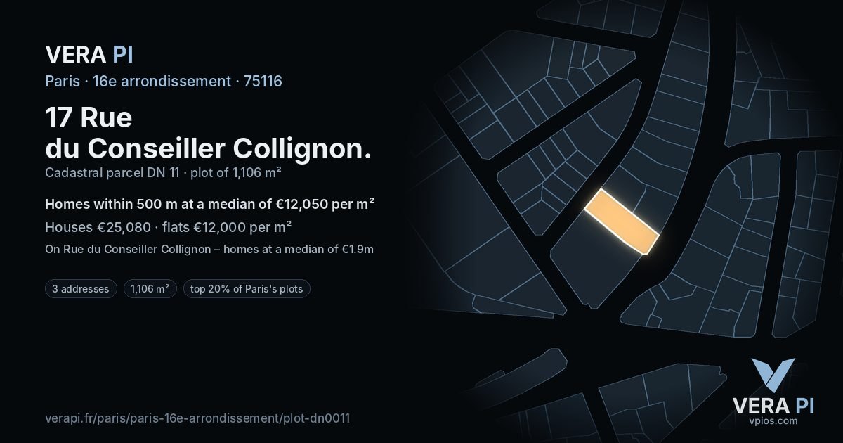 17 Rue du Conseiller Collignon, 16e arrondissement at night – the plot lit, the parcels around coloured by the prices near them