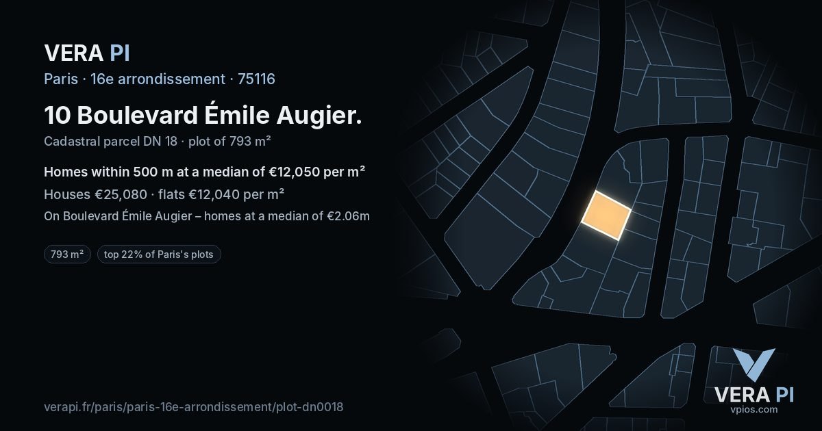 10 Boulevard Émile Augier, 16e arrondissement at night – the plot lit, the parcels around coloured by the prices near them