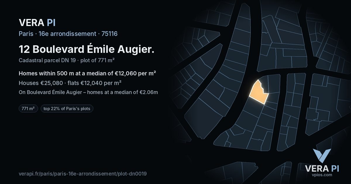 12 Boulevard Émile Augier, 16e arrondissement at night – the plot lit, the parcels around coloured by the prices near them