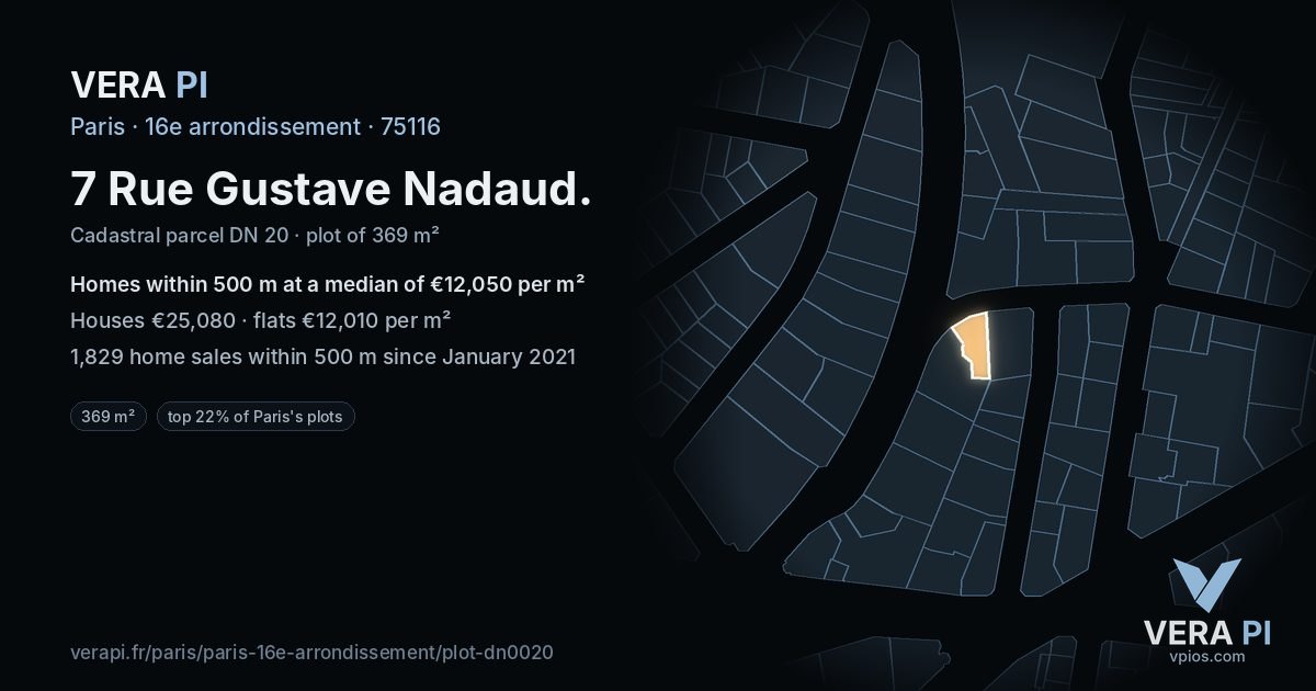 7 Rue Gustave Nadaud, 16e arrondissement at night – the plot lit, the parcels around coloured by the prices near them