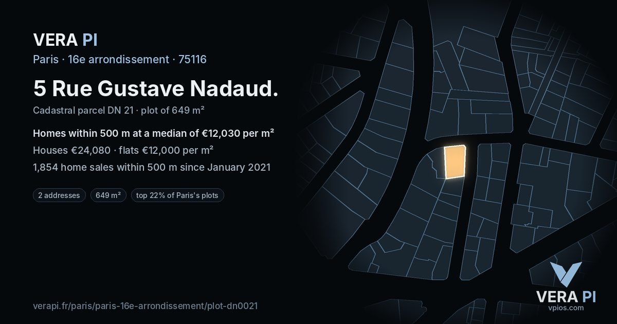 5 Rue Gustave Nadaud, 16e arrondissement at night – the plot lit, the parcels around coloured by the prices near them