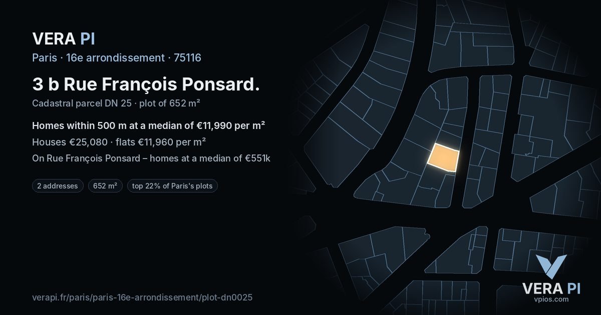 3 b Rue François Ponsard, 16e arrondissement at night – the plot lit, the parcels around coloured by the prices near them