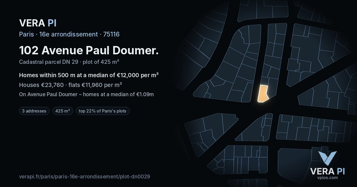 102 Avenue Paul Doumer, 16e arrondissement at night – the plot lit, the parcels around coloured by the prices near them